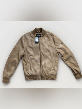GUESS Bomber Jacket Mens Size Small Guess Tan Mason Faux Leather Zip